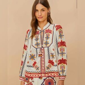 FARM Rio Off-White Marys Tiles Embroidered Blouse - NWT